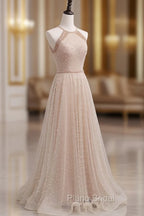 Champagne Pink Long Formal Prom Dresses, A Line Tulle Formal Dresses Graduation Dresses