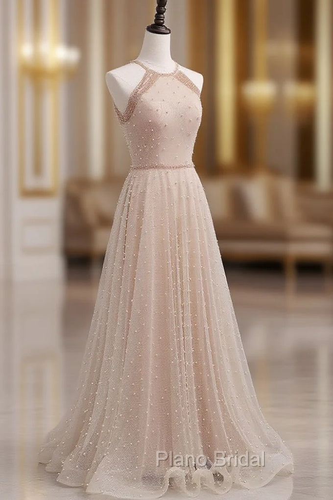Champagne Pink Long Formal Prom Dresses, A Line Tulle Formal Dresses Graduation Dresses
