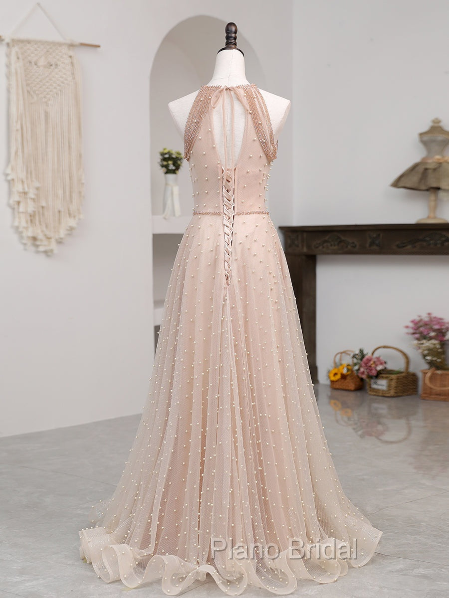 Champagne Pink Long Formal Prom Dresses, A Line Tulle Formal Dresses Graduation Dresses