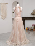 Champagne Pink Long Formal Prom Dresses, A Line Tulle Formal Dresses Graduation Dresses