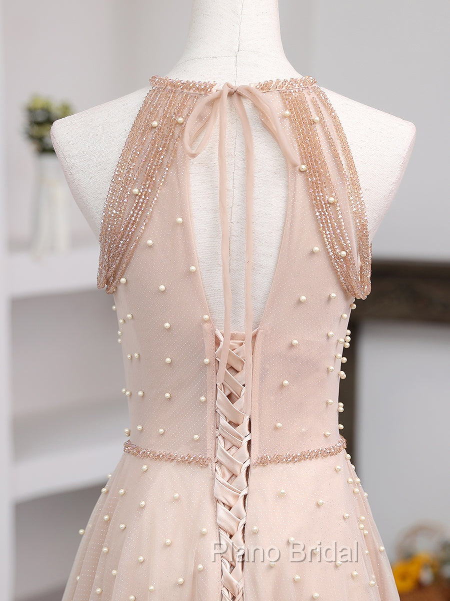 Champagne Pink Long Formal Prom Dresses, A Line Tulle Formal Dresses Graduation Dresses