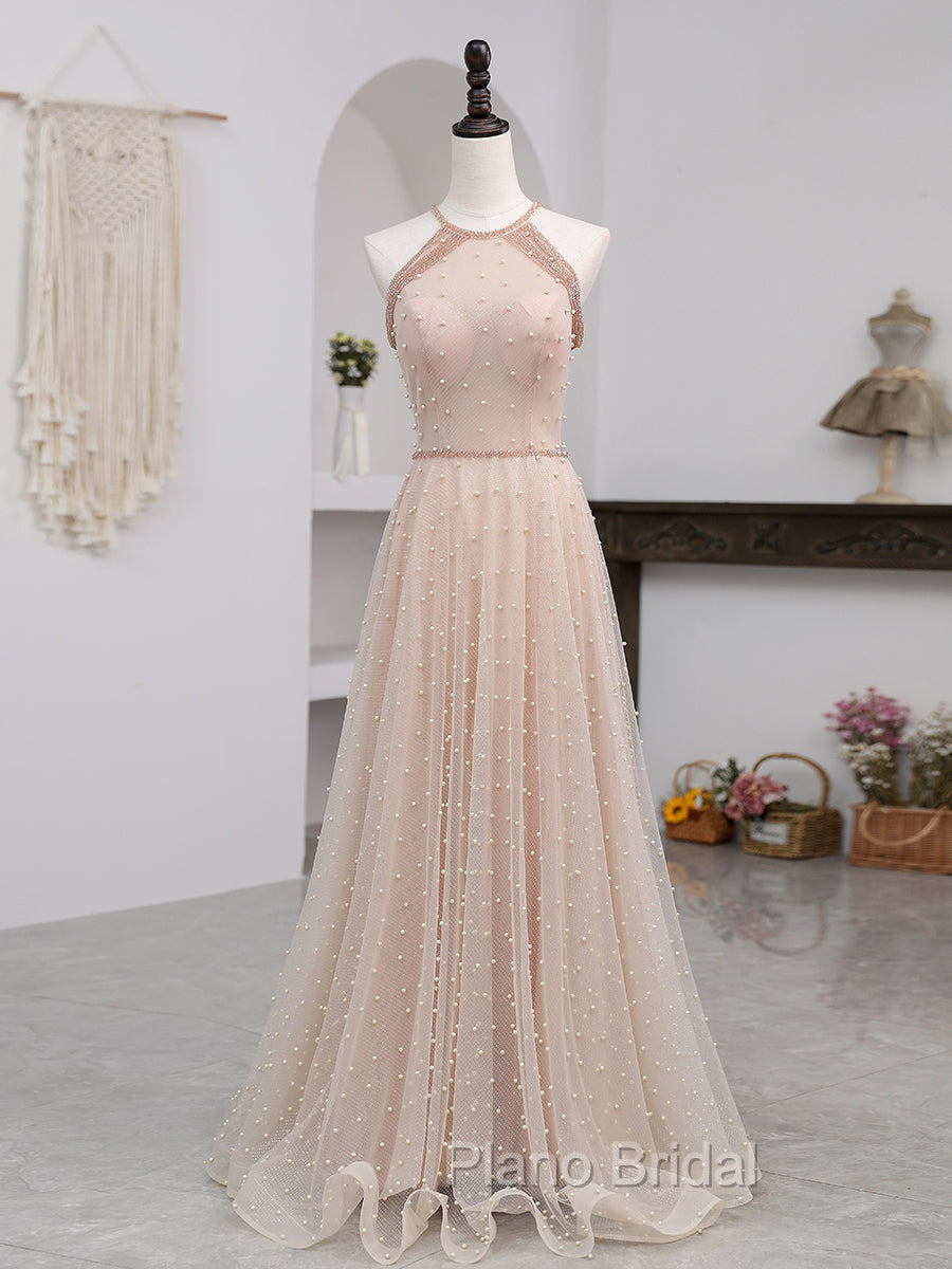 Champagne Pink Long Formal Prom Dresses, A Line Tulle Formal Dresses Graduation Dresses