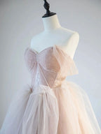 Champagne Pink Off Shoulder Tulle Lace Long Formal Prom Dresses, Champagne Formal Dresses