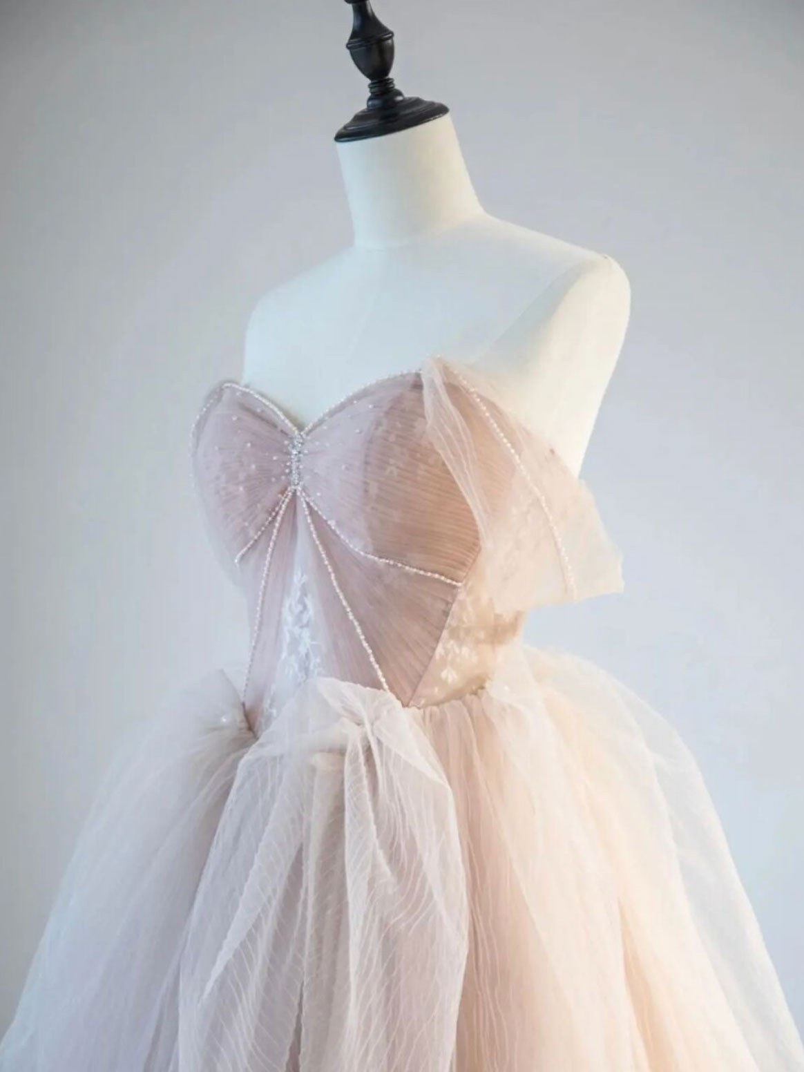 Champagne Pink Off Shoulder Tulle Lace Long Formal Prom Dresses, Champagne Formal Dresses
