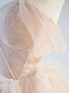 Champagne Pink Off Shoulder Tulle Lace Long Formal Prom Dresses, Champagne Formal Dresses