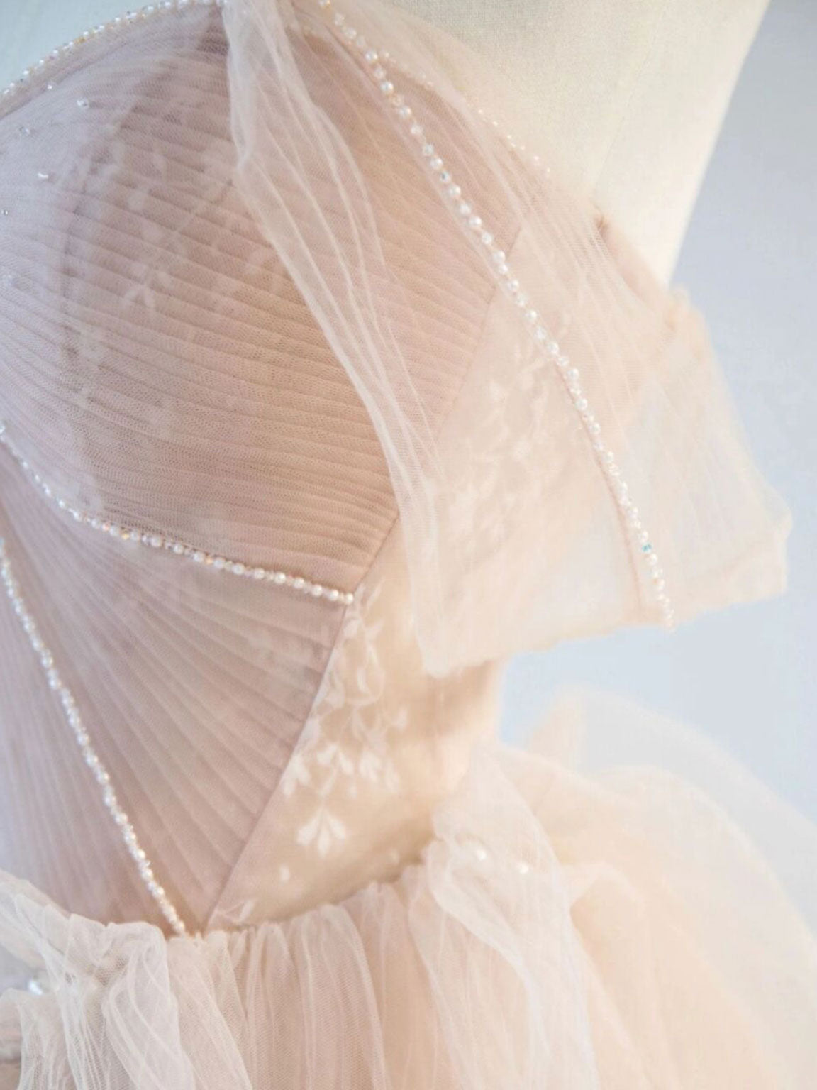 Champagne Pink Off Shoulder Tulle Lace Long Formal Prom Dresses, Champagne Formal Dresses
