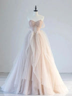 Champagne Pink Off Shoulder Tulle Lace Long Formal Prom Dresses, Champagne Formal Dresses
