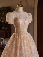 Champagne Pink Tulle Lace Tea Length Formal Prom Dresses with Beads