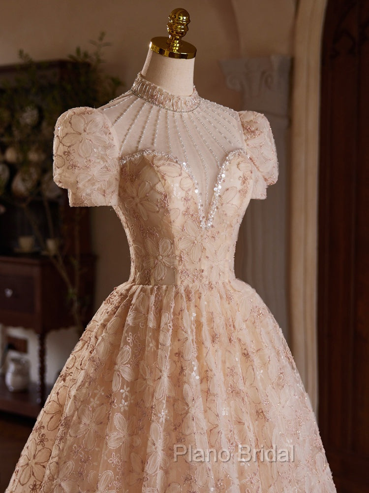 Champagne Pink Tulle Lace Tea Length Formal Prom Dresses with Beads