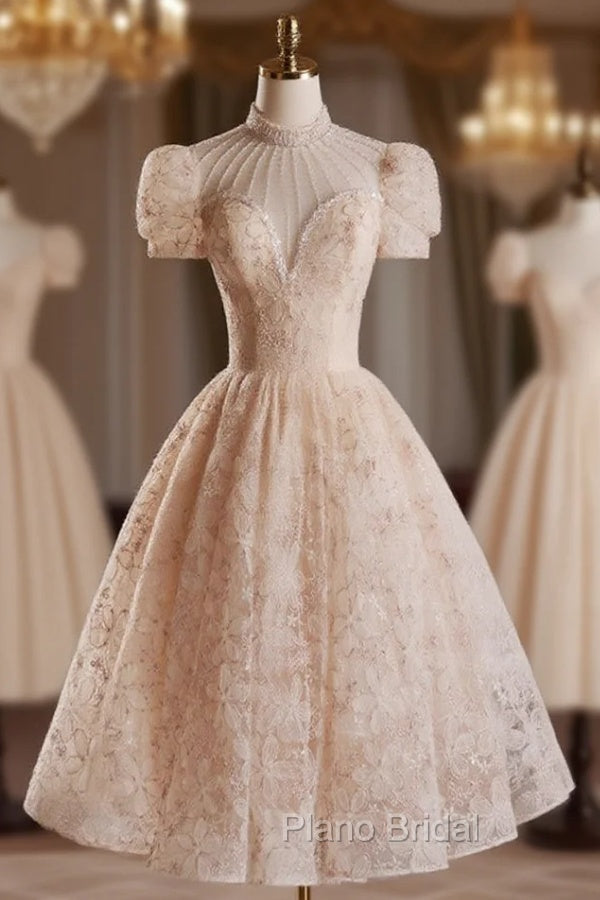 Champagne Pink Tulle Lace Tea Length Formal Prom Dresses with Beads Main image