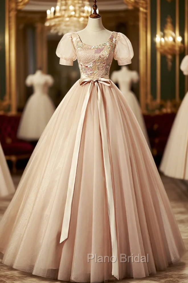 Champagne Pink Tulle Puff Sleeve Quinceanera Dresses Main image