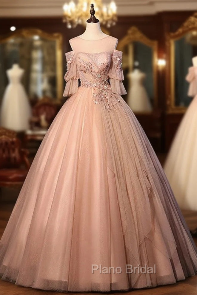 Champagne Pink Tulle Short Sleeve Appliques Beading Quinceanera Dresses Main image