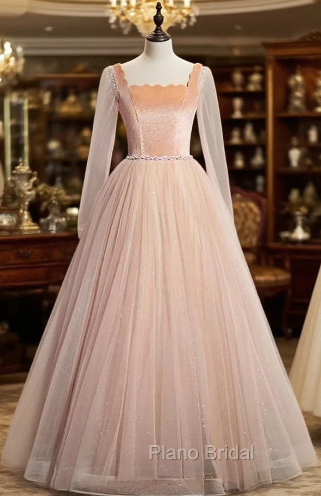 Champagne Pink Tulle Square Long Sleeve Formal Prom Dresses Main image