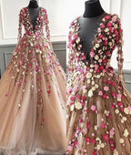 Champagne Formal Prom Dresses, 3D Flowers Formal Prom Dresses, Long Sleeve Formal Prom Dresses, Elegant Formal Prom Dresses