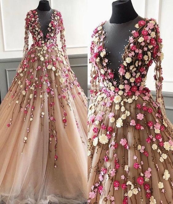 Champagne Formal Prom Dresses, 3D Flowers Formal Prom Dresses, Long Sleeve Formal Prom Dresses, Elegant Formal Prom Dresses Main image