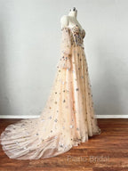 Champagne Puffy Sleeves Tulle Long Formal Dresses, Champagne Party Dresses Formal Prom Dresses