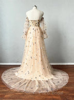 Champagne Puffy Sleeves Tulle Long Formal Dresses, Champagne Party Dresses Formal Prom Dresses