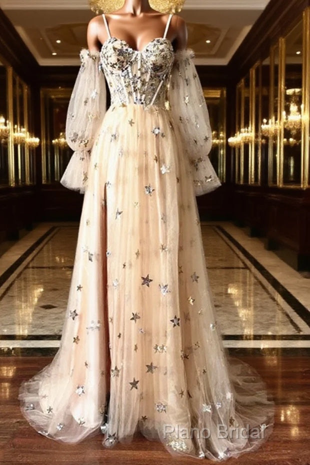 Champagne Puffy Sleeves Tulle Long Formal Dresses, Champagne Party Dresses Formal Prom Dresses Main image