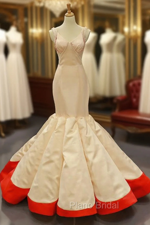 Champagne Red Mermaid Satin V-neck Pleats Formal Prom Dresses