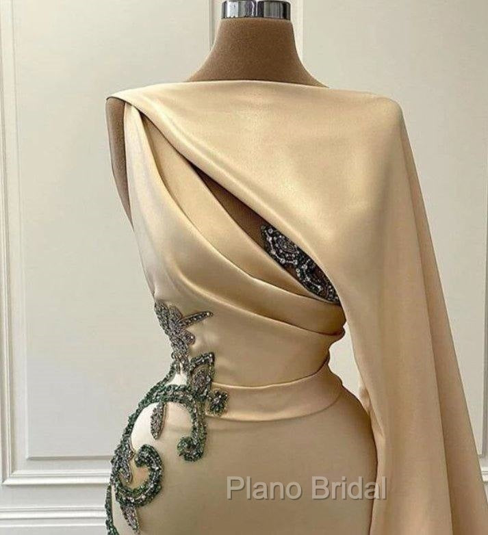 Champagne Robe De Soiree Sheath Floor Length Satin Beaded Long Formal Prom Dresses Formal Prom Gown Evening Dresses