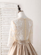 Champagne Round Neck Satin Lace Long Prom Dress, Evening Dress