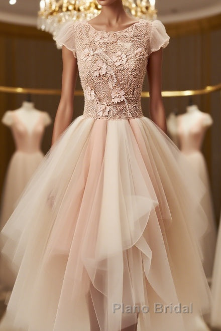 Champagne round neck tulle beads short Formal Prom dress, homecoming dress Main image