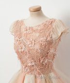 Champagne round neck tulle beads short Formal Prom dress, homecoming dress