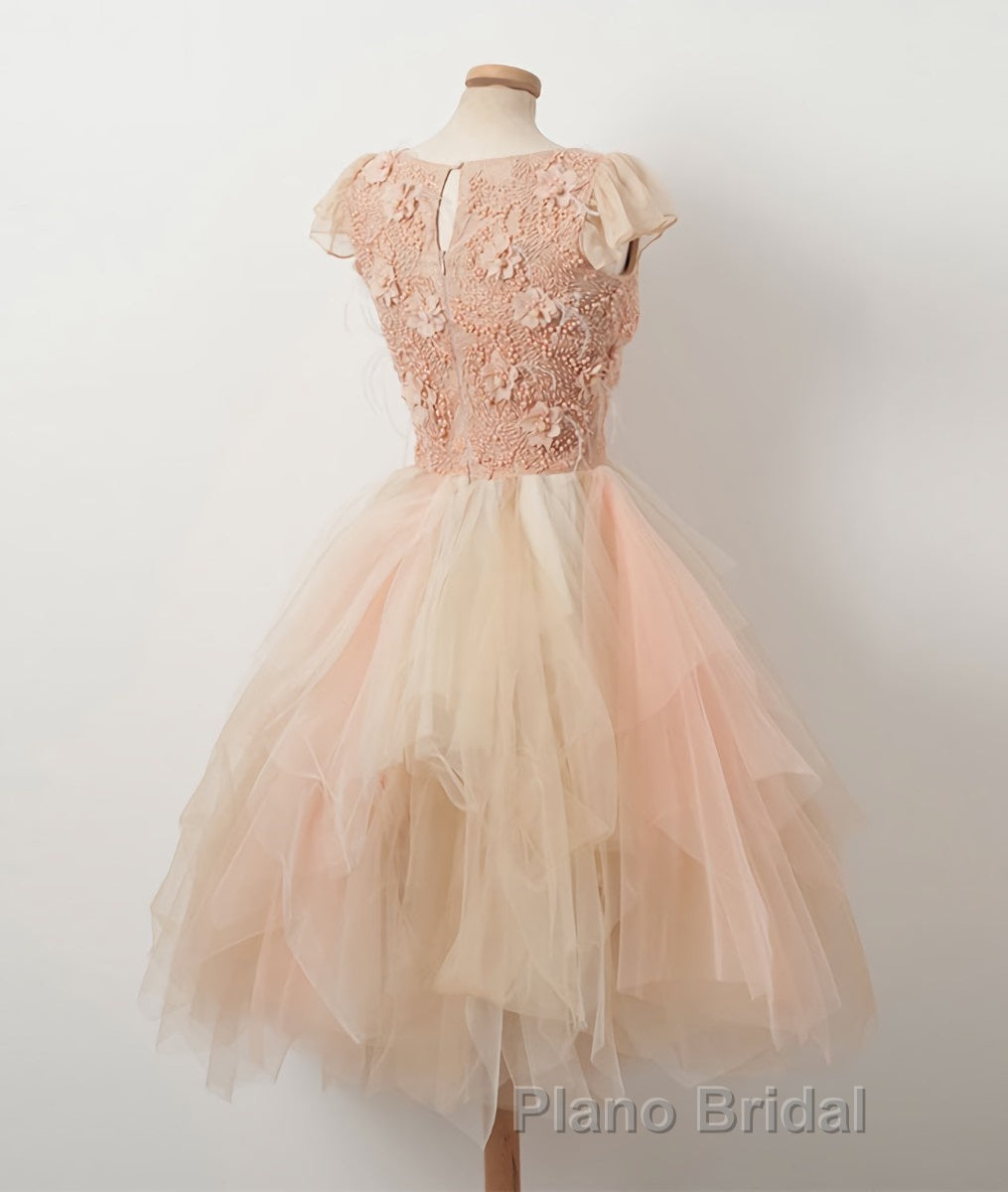 Champagne round neck tulle beads short Formal Prom dress, homecoming dress