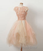 Champagne round neck tulle beads short Formal Prom dress, homecoming dress