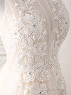 Champagne Round Neck Tulle Lace Applique Long Prom Dress