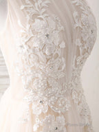 Champagne Round Neck Tulle Lace Applique Long Prom Dress