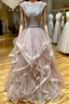 Champagne round neck tulle lace long Formal Prom dress evening dress