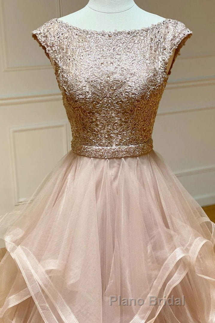 Champagne round neck tulle lace long Formal Prom dress evening dress Secondary image