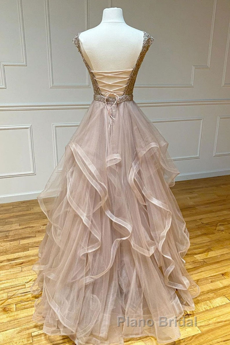 Champagne round neck tulle lace long Formal Prom dress evening dress