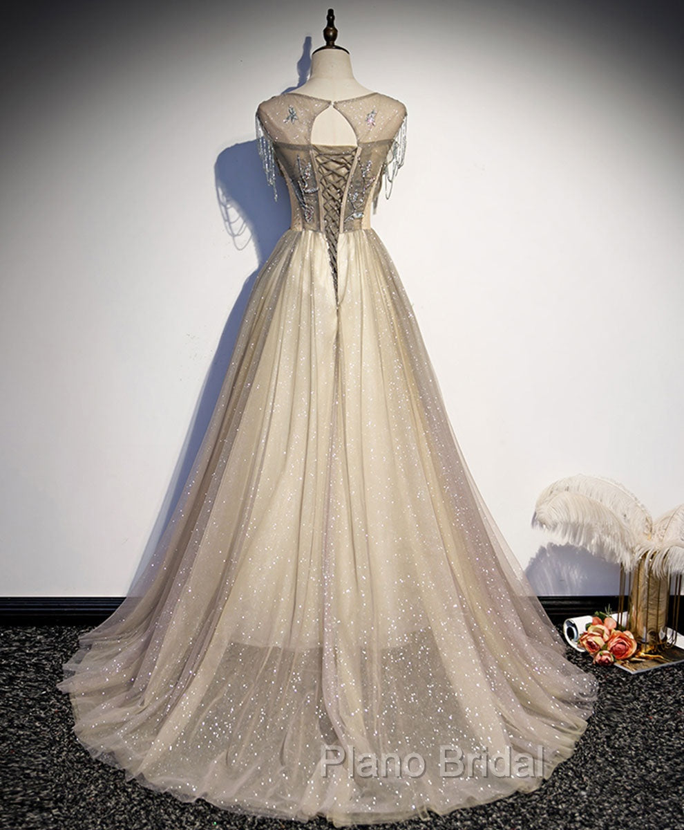Champagne Round Neck Tulle Sequin Long Formal Prom Dresses Tulle Formal Dresses Secondary image