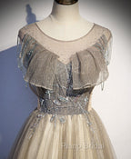 Champagne Round Neck Tulle Sequin Long Formal Prom Dresses Tulle Formal Dresses