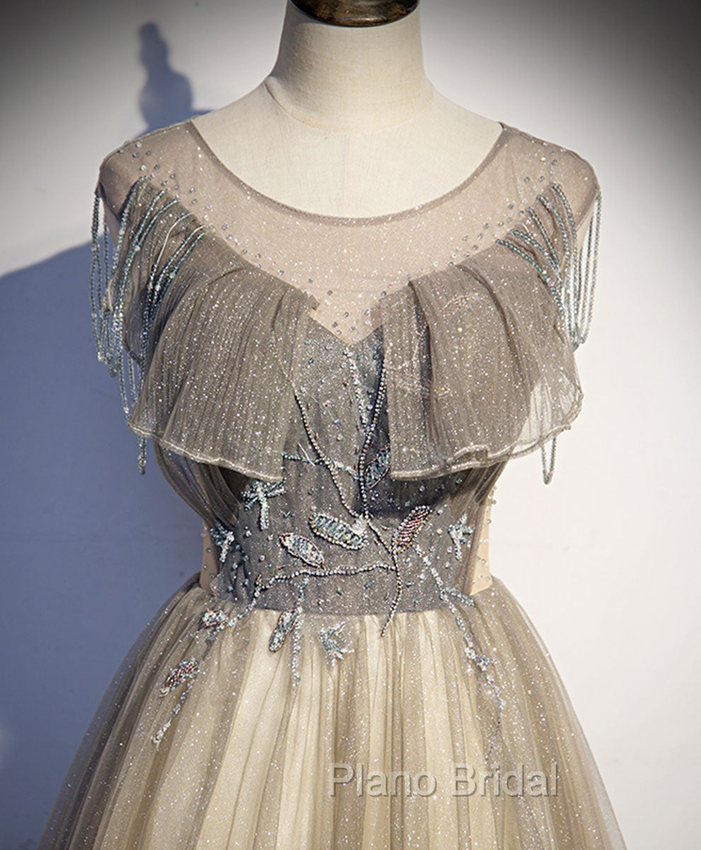 Champagne Round Neck Tulle Sequin Long Formal Prom Dresses Tulle Formal Dresses