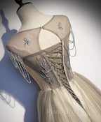 Champagne Round Neck Tulle Sequin Long Formal Prom Dresses Tulle Formal Dresses