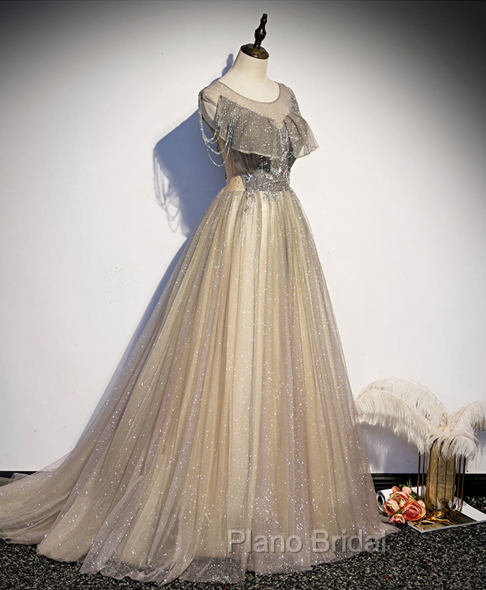 Champagne Round Neck Tulle Sequin Long Formal Prom Dresses Tulle Formal Dresses
