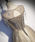 Champagne Round Neck Tulle Sequin Long Formal Prom Dresses Tulle Formal Dresses