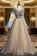 Champagne Round Neck Tulle Sequin Long Formal Prom Dresses Tulle Formal Dresses