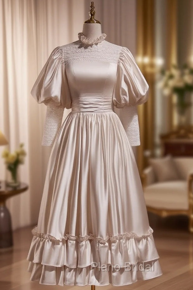 Champagne Satin Lace Short Sleeve Wedding Dresses Main image
