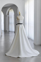Champagne Satin Long A-Line Formal Prom Dresses, Strapless Formal Evening Dresses