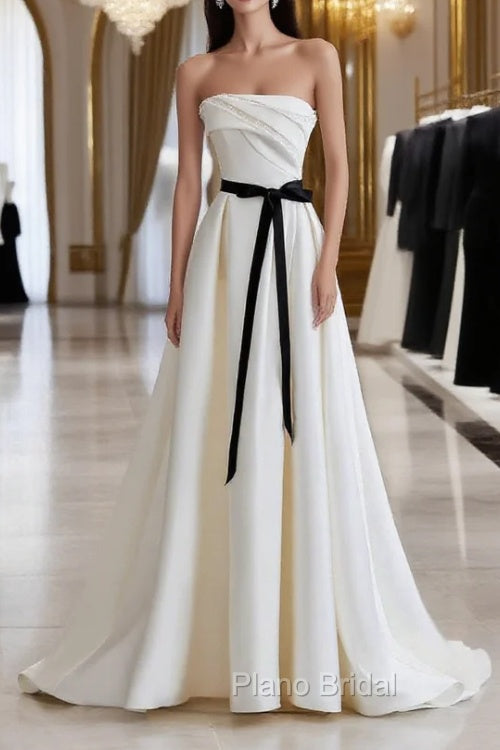 Champagne Satin Long A-Line Formal Prom Dresses, Strapless Formal Evening Dresses Main image