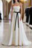 Champagne Satin Long A-Line Formal Prom Dresses, Strapless Formal Evening Dresses