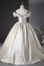 Champagne Satin Long Formal Prom Dresses, Beautiful A-Line Evening Party Dresses