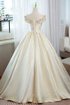 Champagne Satin Long Formal Prom Dresses with Beaded, V-Neck Evening Party Dresses
