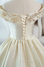 Champagne Satin Long Formal Prom Dresses with Beaded, V-Neck Evening Party Dresses