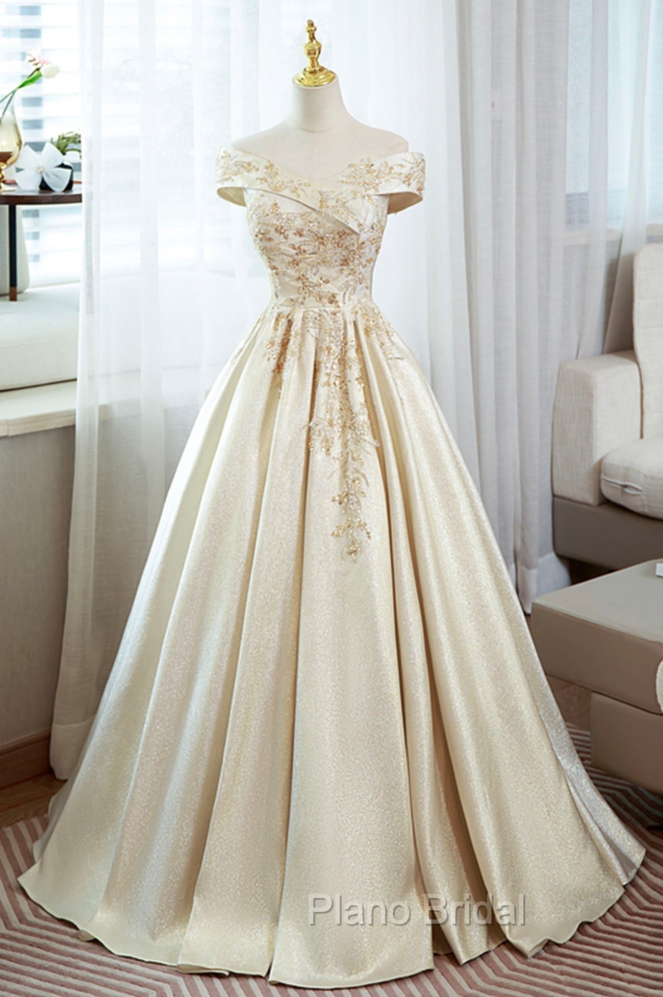 Champagne Satin Long Formal Prom Dresses with Beaded, V-Neck Evening Party Dresses
