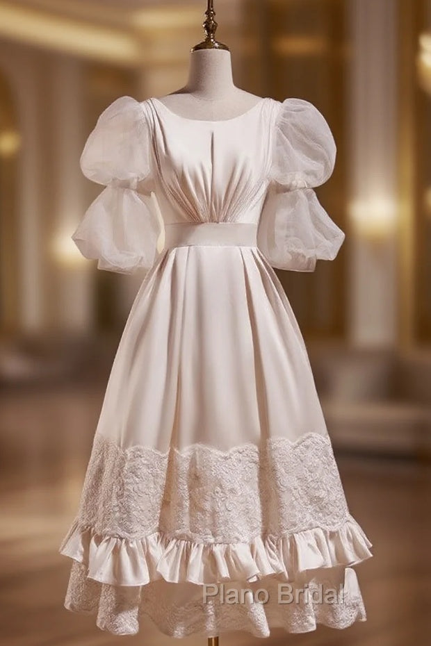 Champagne Satin Long Sleeve High Neck Wedding Dresses